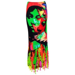 Jean Paul Gaultier face print silk jersey florescent plastic sequins skirt
