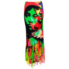 Jean Paul Gaultier face print silk jersey florescent plastic sequins skirt 