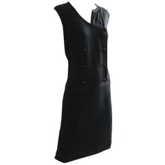 Chanel Sleeveless Dress with Asymmetric Collar and Camellia Buttons Navy Size 44