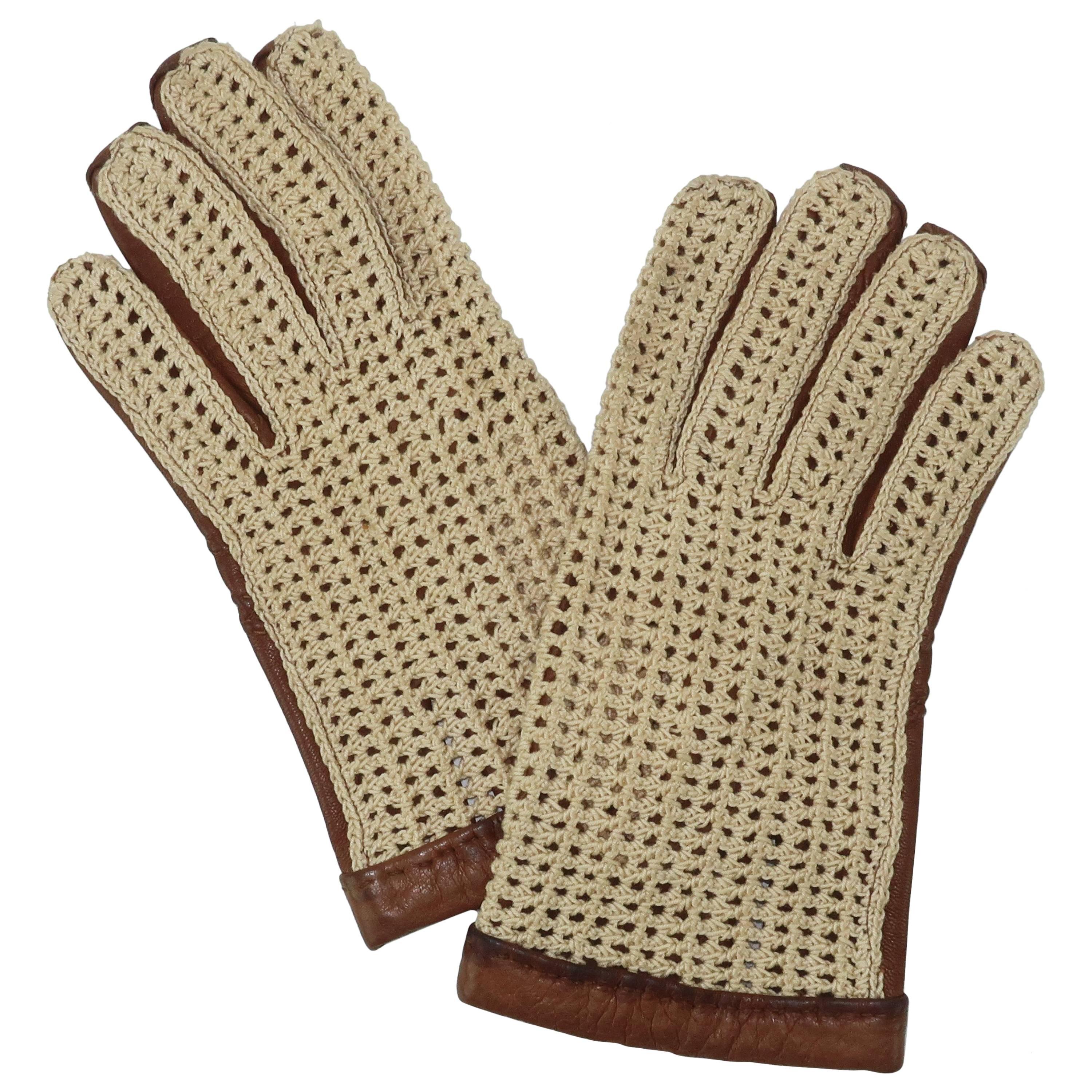 Vintage Sporty Cognac Leather & Crochet Gloves