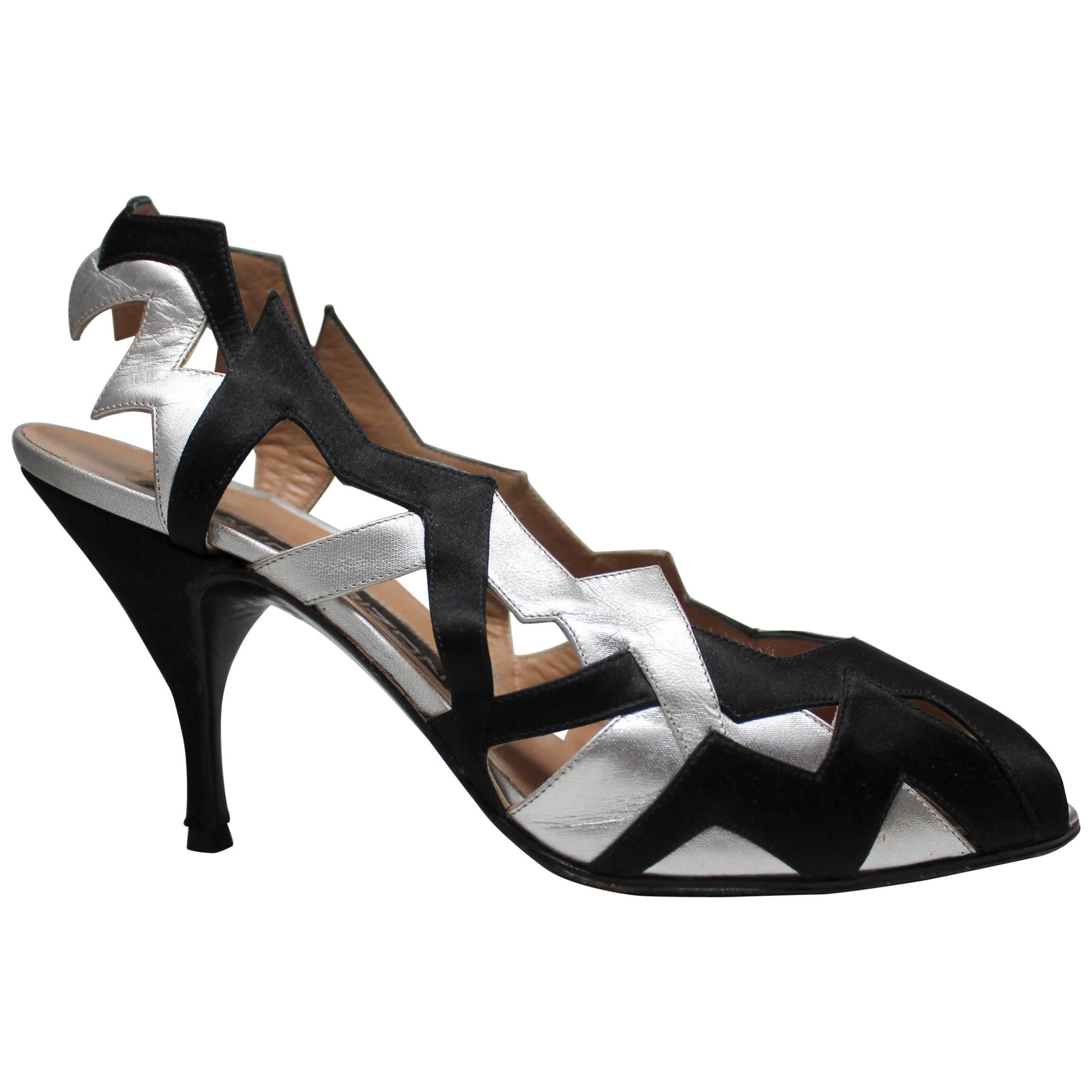 1980s Maud Frizon Black and Silver Geometric Heel For Sale