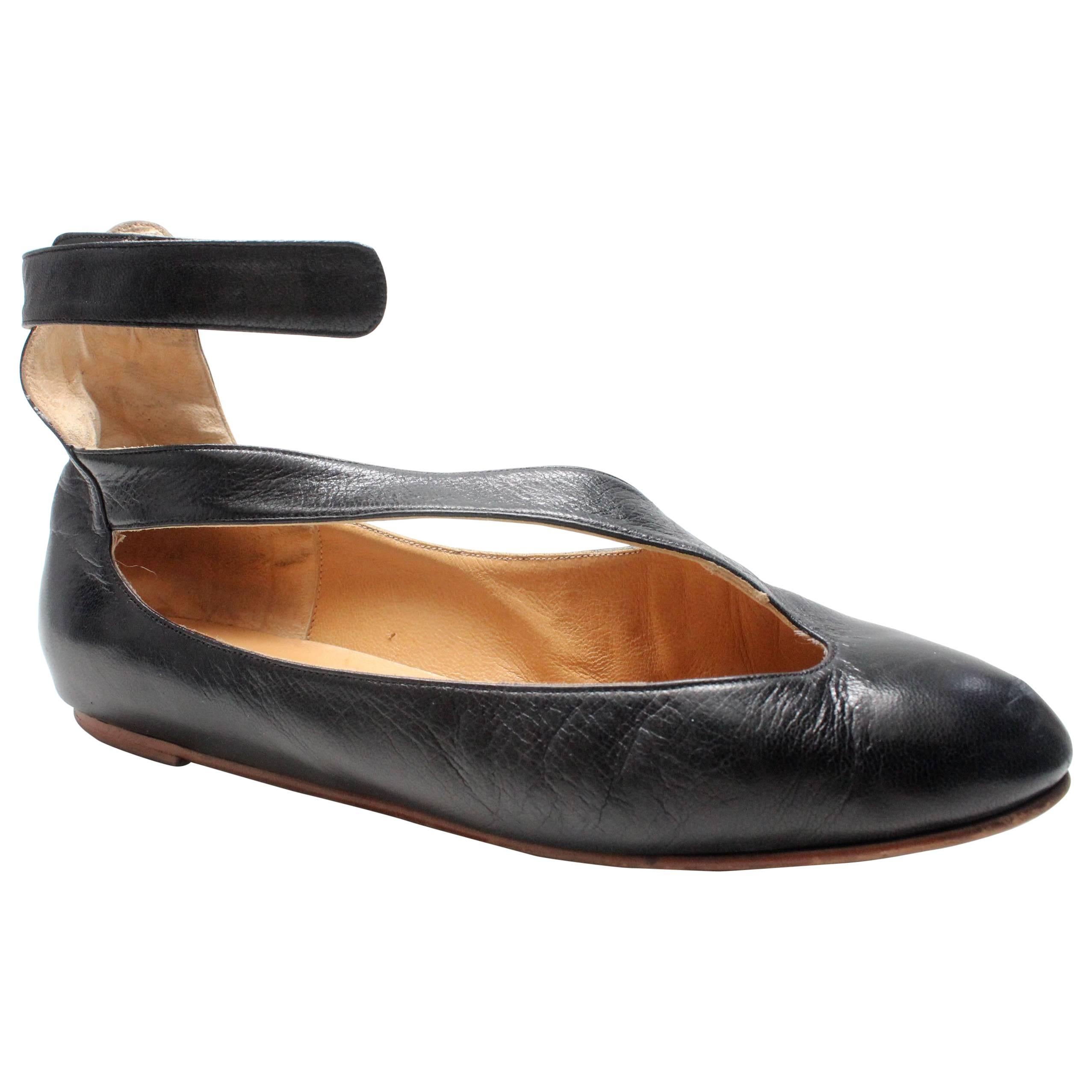 Norma Kamali Leather Ballet Flat with Ankle Strap