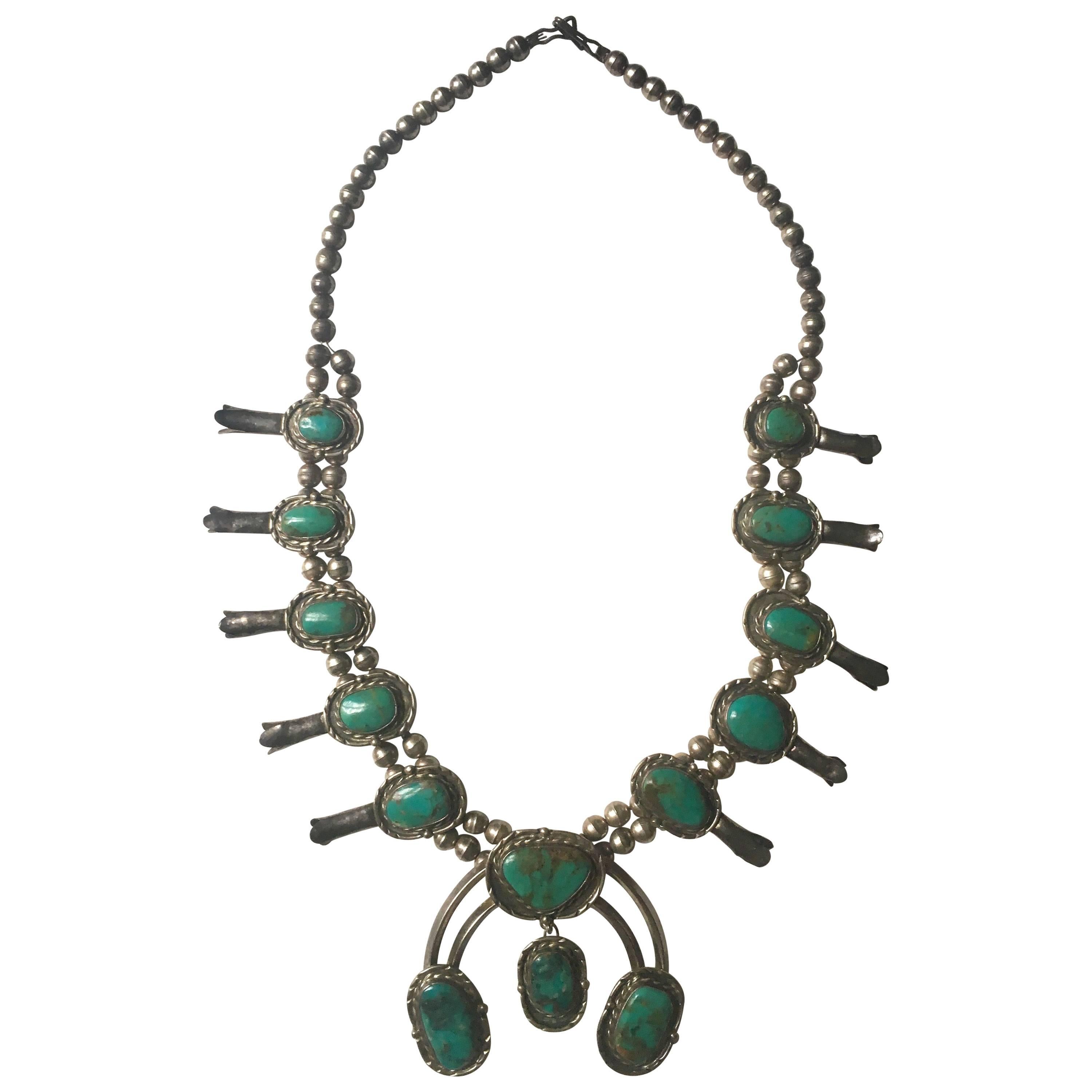Navajo or Zuni Morency Turquoise stone Squash Blossom Necklace  For Sale
