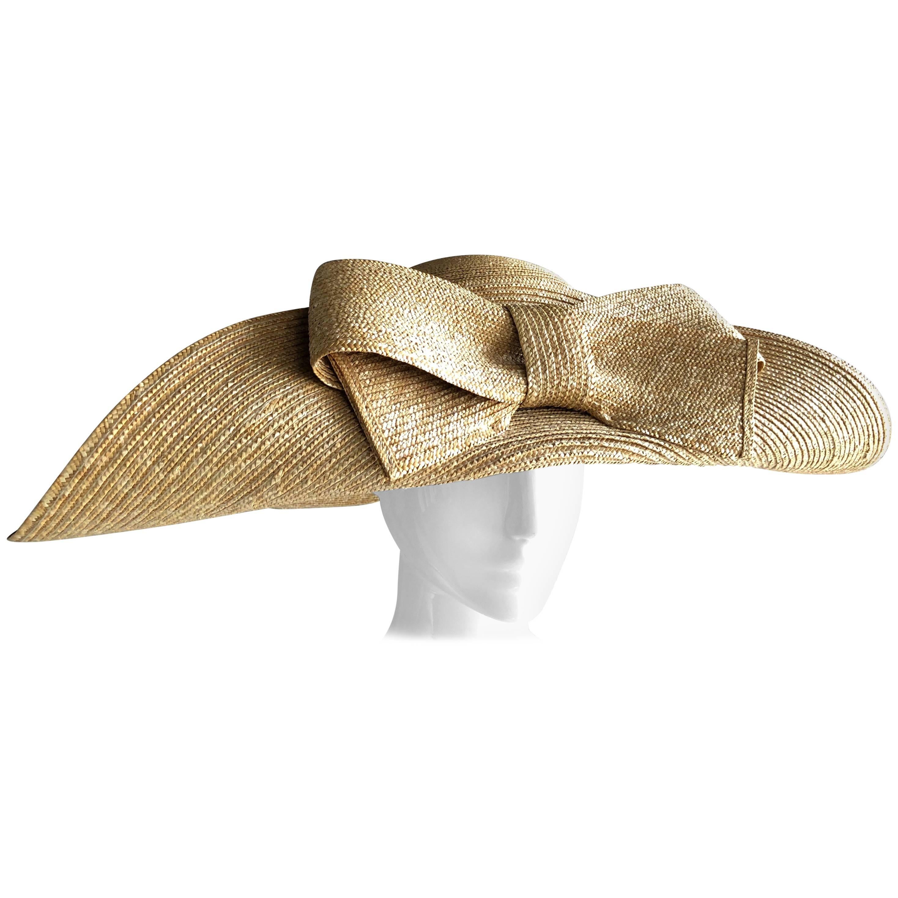 Helene Berman Wide Folded Brim and Large Bow Natural Straw Hat , 1980s 