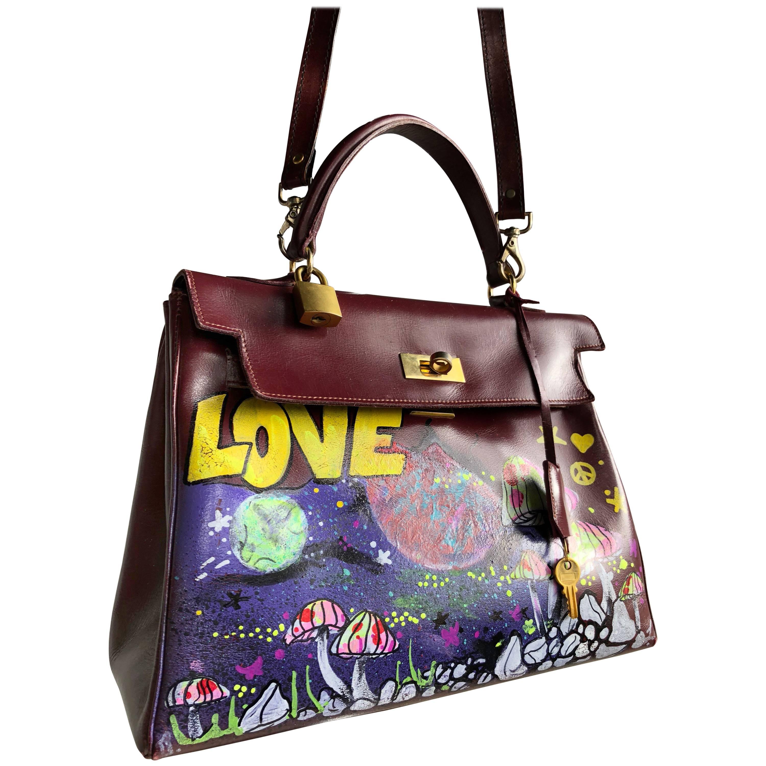 Merlot Leather Bag With Custom LOVE Graffiti Art, 1950s For Sale