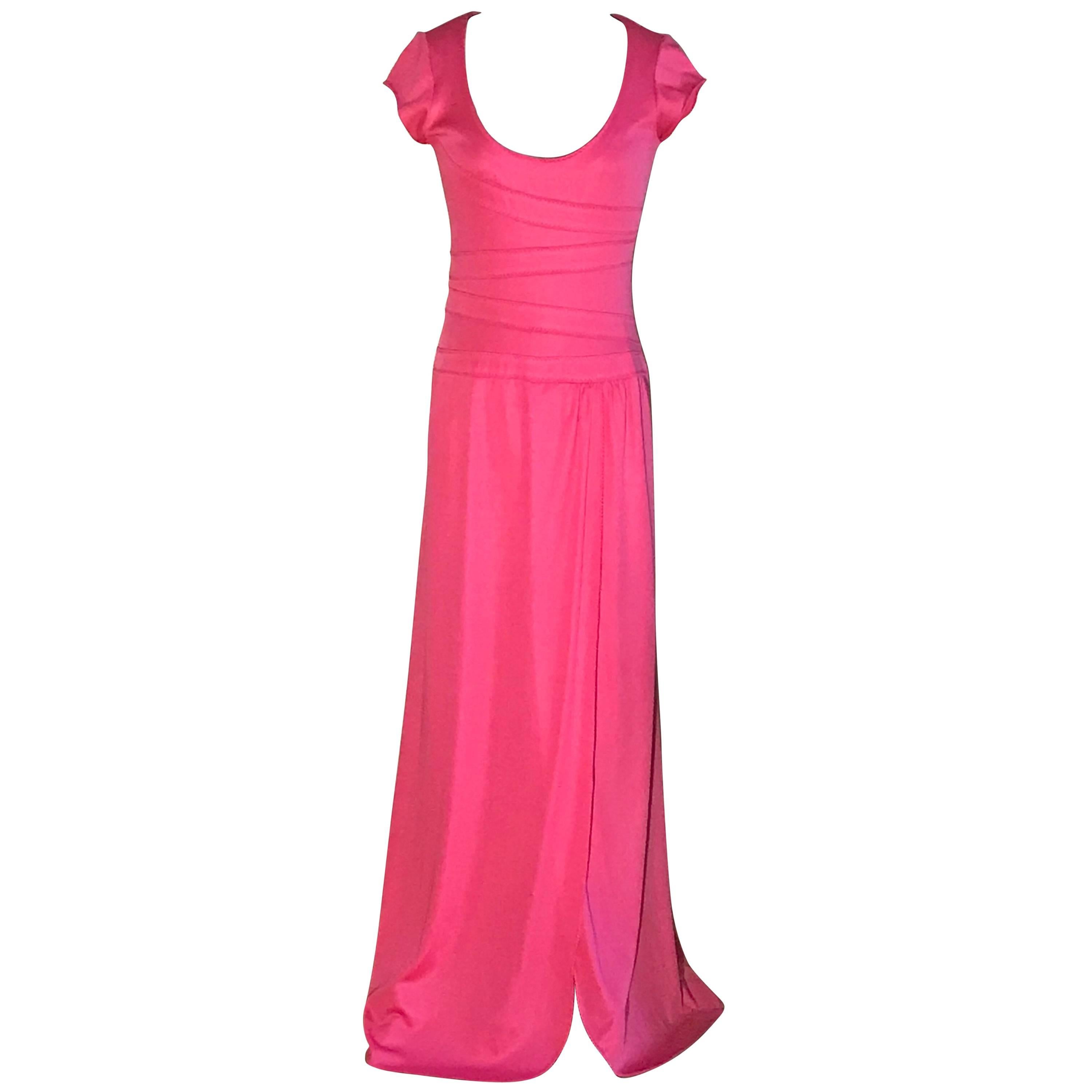 Stephen Burrows Pink Jersey Scoop Neck Maxi Dress Gown with Lettuce Edge, 1970s 