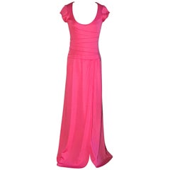 Stephen Burrows Pink Jersey Scoop Neck Maxi Dress Gown with Lettuce Edge, 1970s 