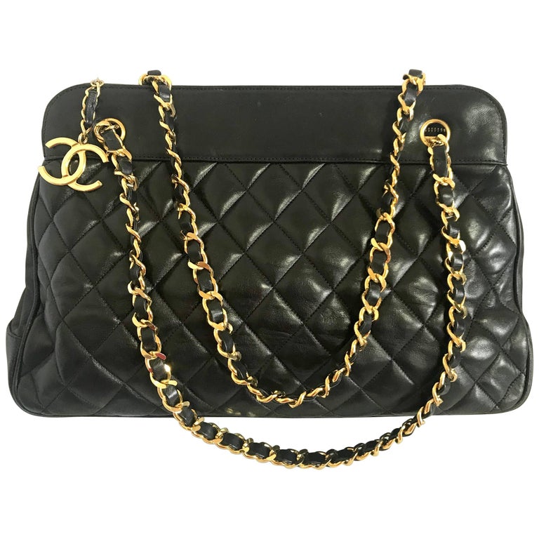 Vintage CHANEL black lambskin large tote bag with gold tone chains and  jumbo CC.