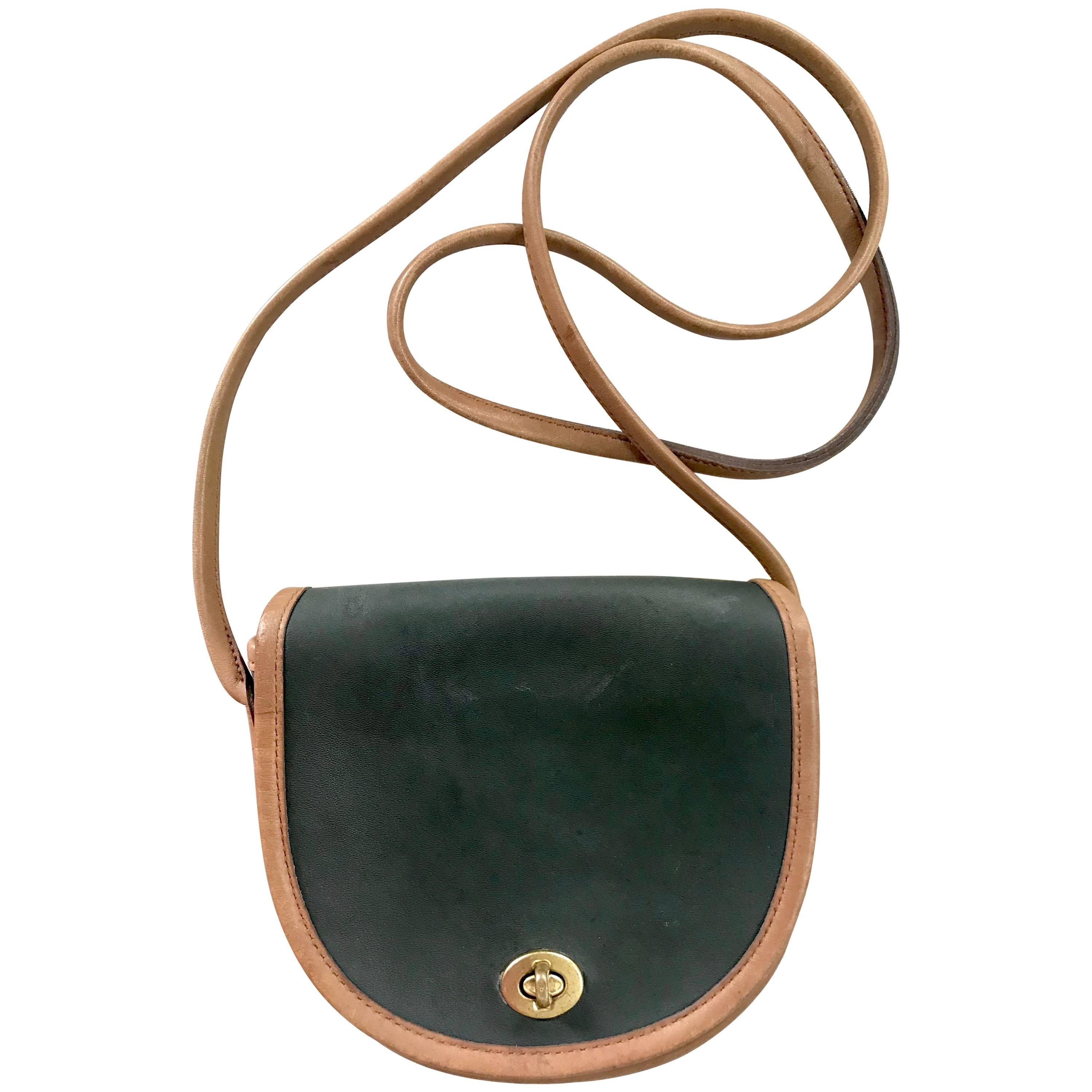 Vintage COACH genuine khaki and brown leather mini shoulder bag. For Sale