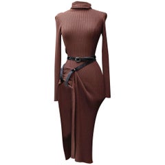 1990s Jean-Paul Gaultier asymmetrical long brown mesh dress