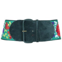 1980s Georges Rech Embroidered Floral Green Suede & Viscose Waist Belt