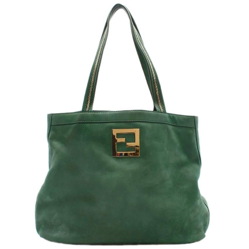 Fendi green leather and suede tote bag For Sale