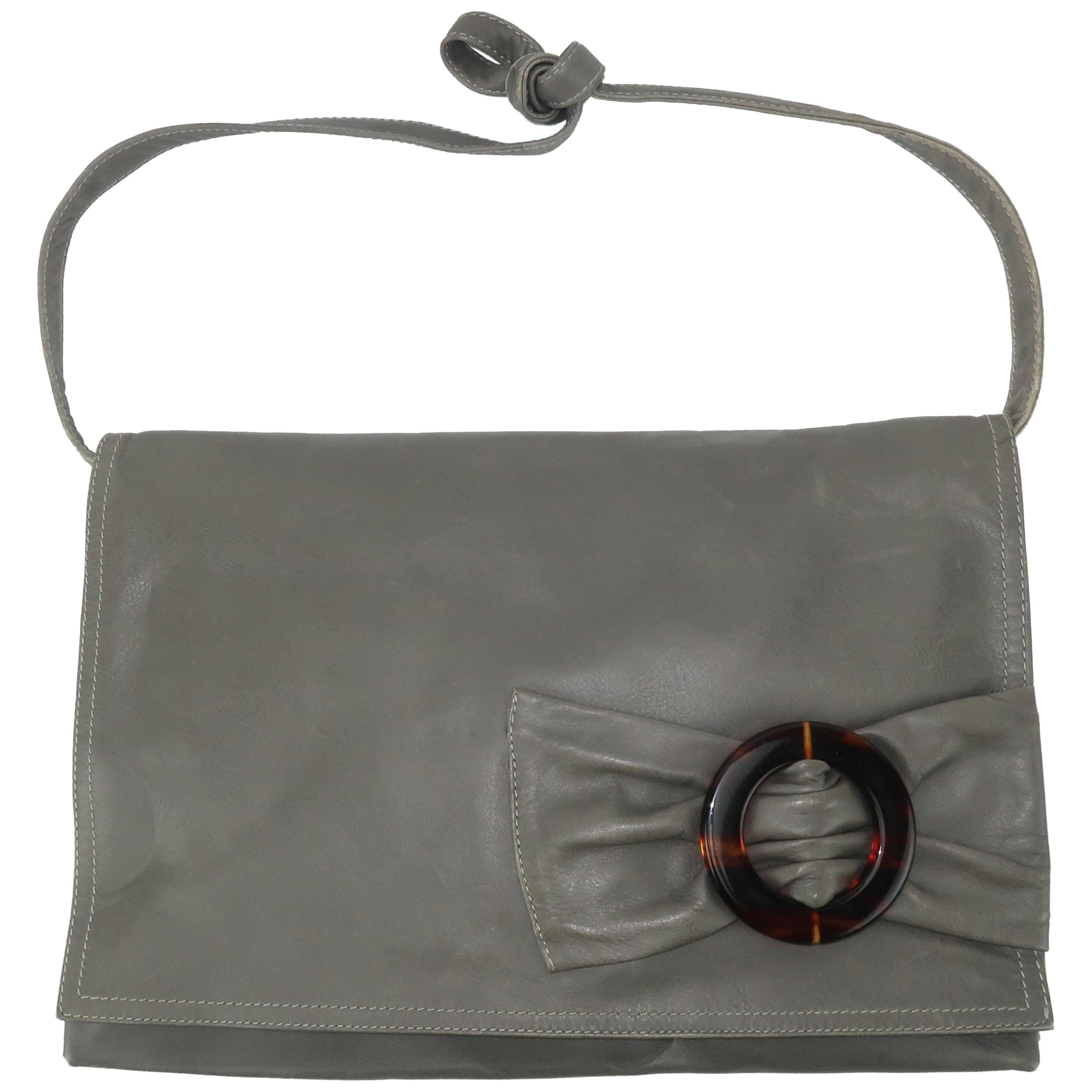 Italian Gray Leather Convertible Clutch Handbag, 1970s 