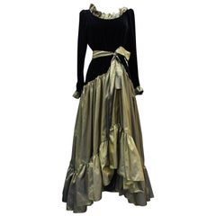 Vintage Yves Saint Laurent asymmetrical black velvet and khaki taffeta evening gown