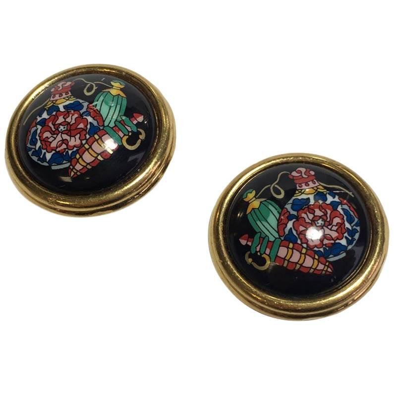 HERMES Vintage Round Clip-on earrings in Gold Plated and Black Enamel 