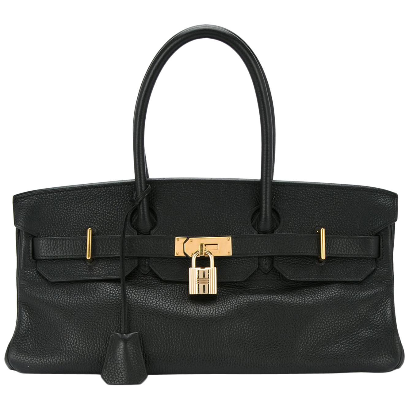 Hermes Birkin Black Leather Gold Hardware Top Handle Satchel Bag and Accessories
