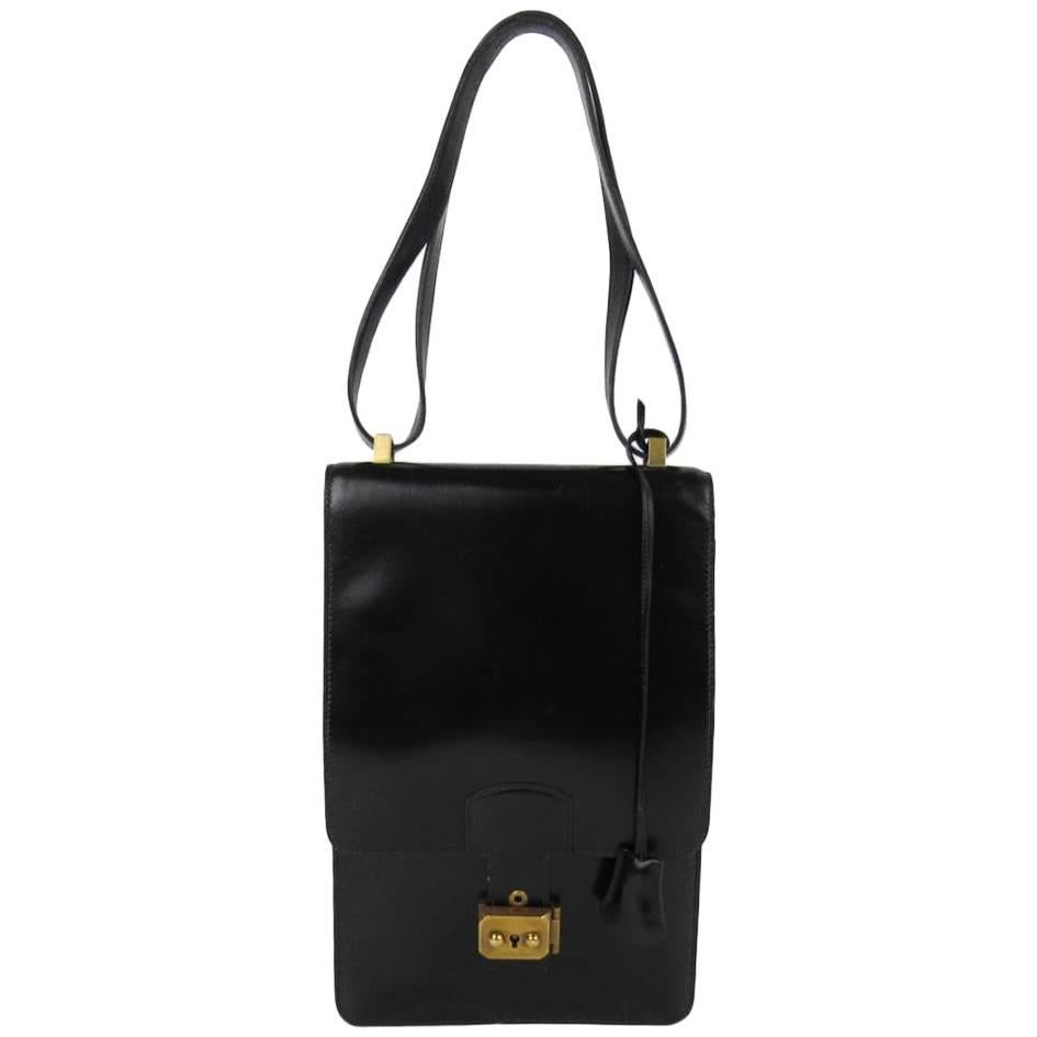 Hermes Black Leather Single Double Strap Evening Satchel Shoulder Flap Bag