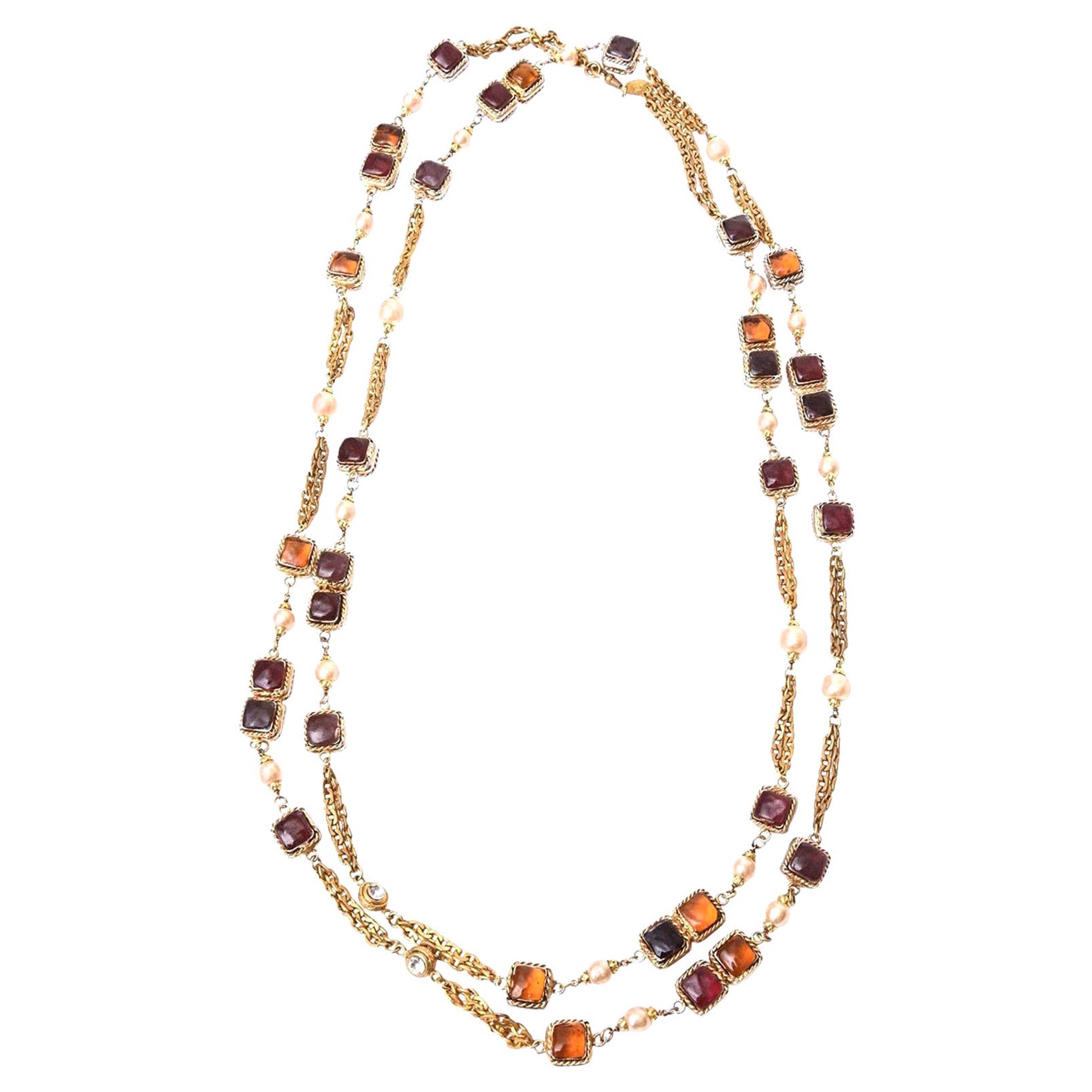 Chanel Rare Gripoix Purple, Pink Amber Glass, Faux Pearl & Chain Strand Necklace For Sale