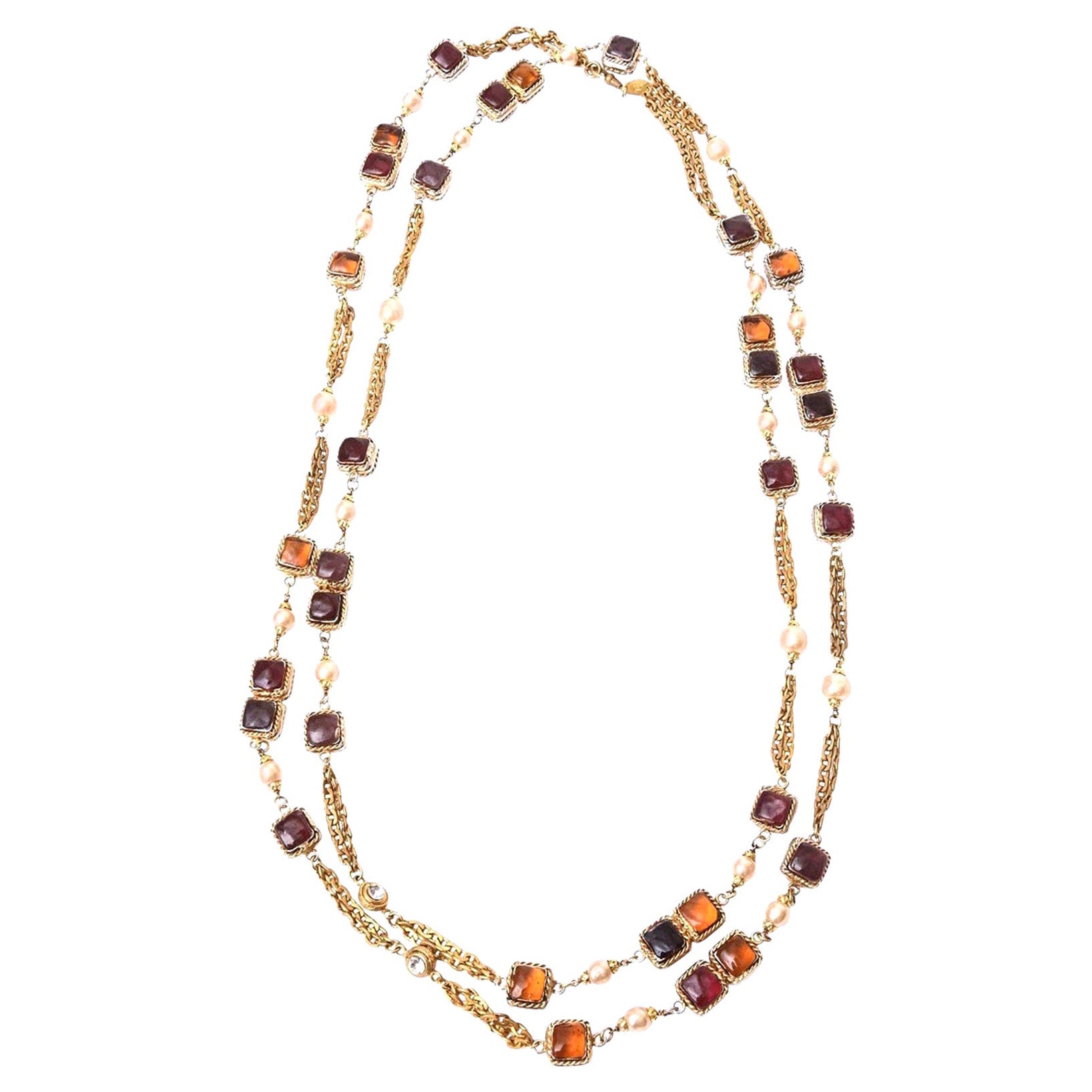 Rare Chanel Gripoix Purple, Pink Amber Glass, Faux Pearl & Chain Strand Necklace For Sale