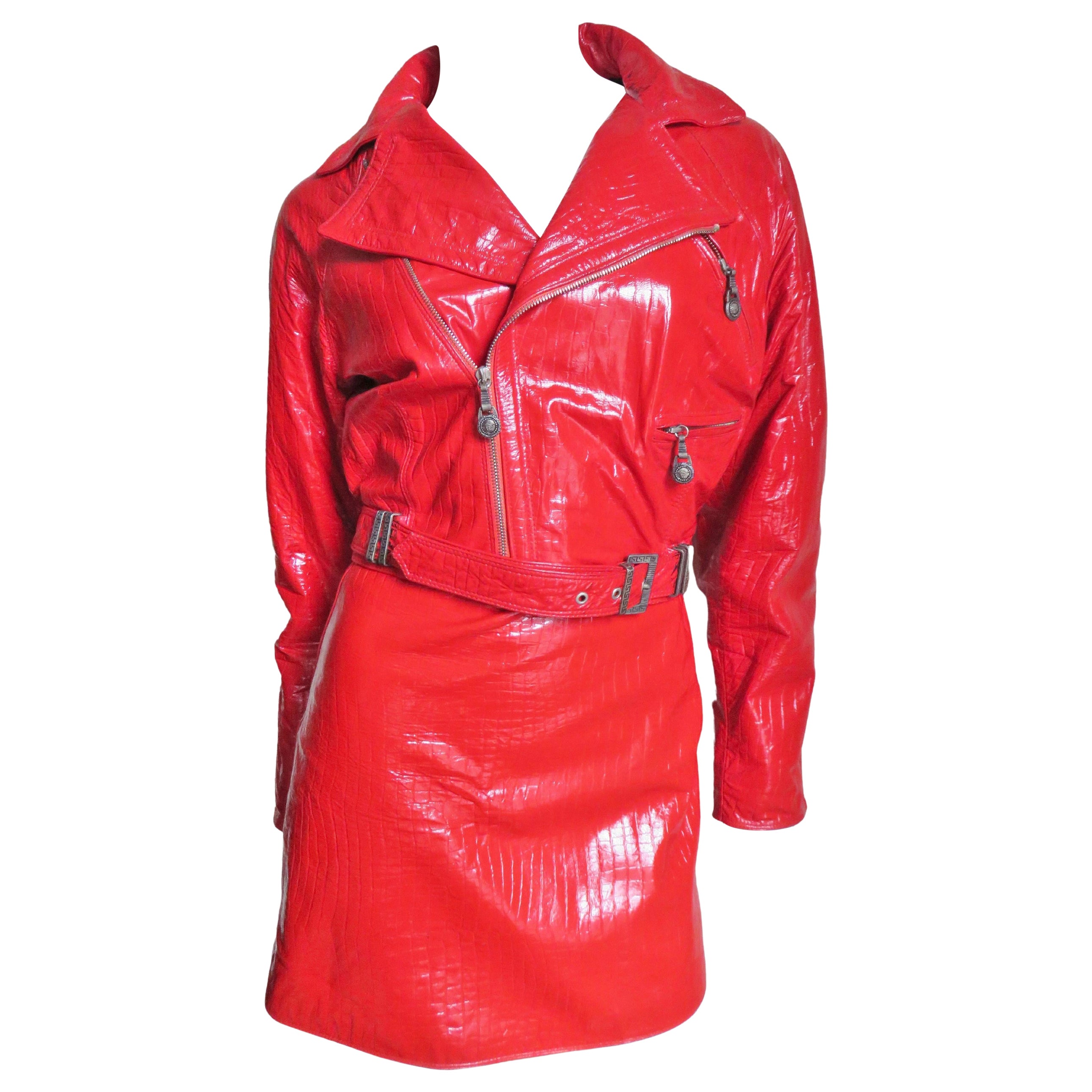 Gianni Versace Red Leather Motorcycle Jacket and Skirt A/W 1994 For Sale