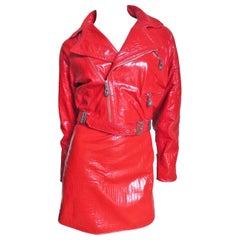 Vintage Gianni Versace Red Leather Motorcycle Jacket and Skirt A/W 1994