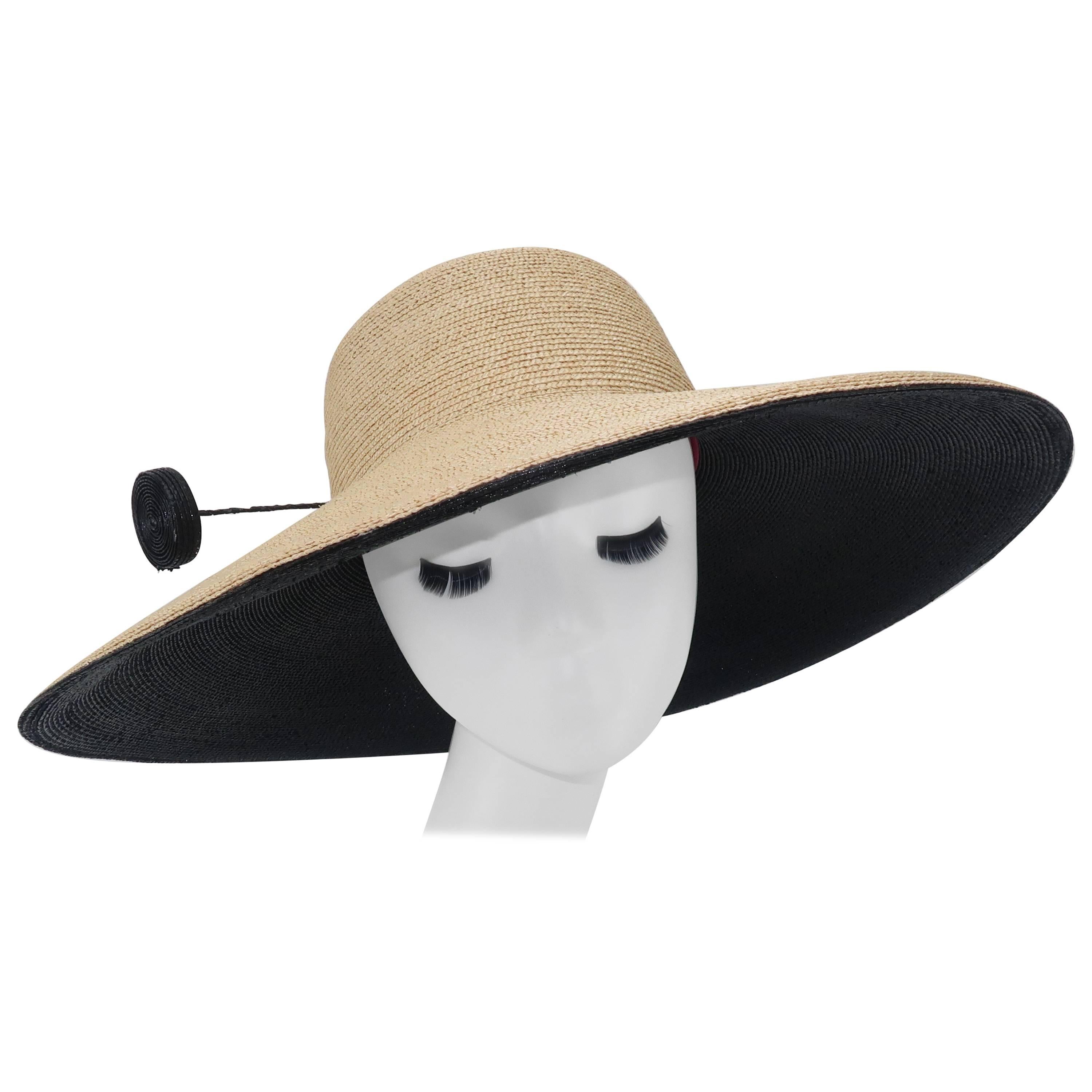 Frank Olive Wide Brim Straw Hat With Black "Hat Pin", 1980s 