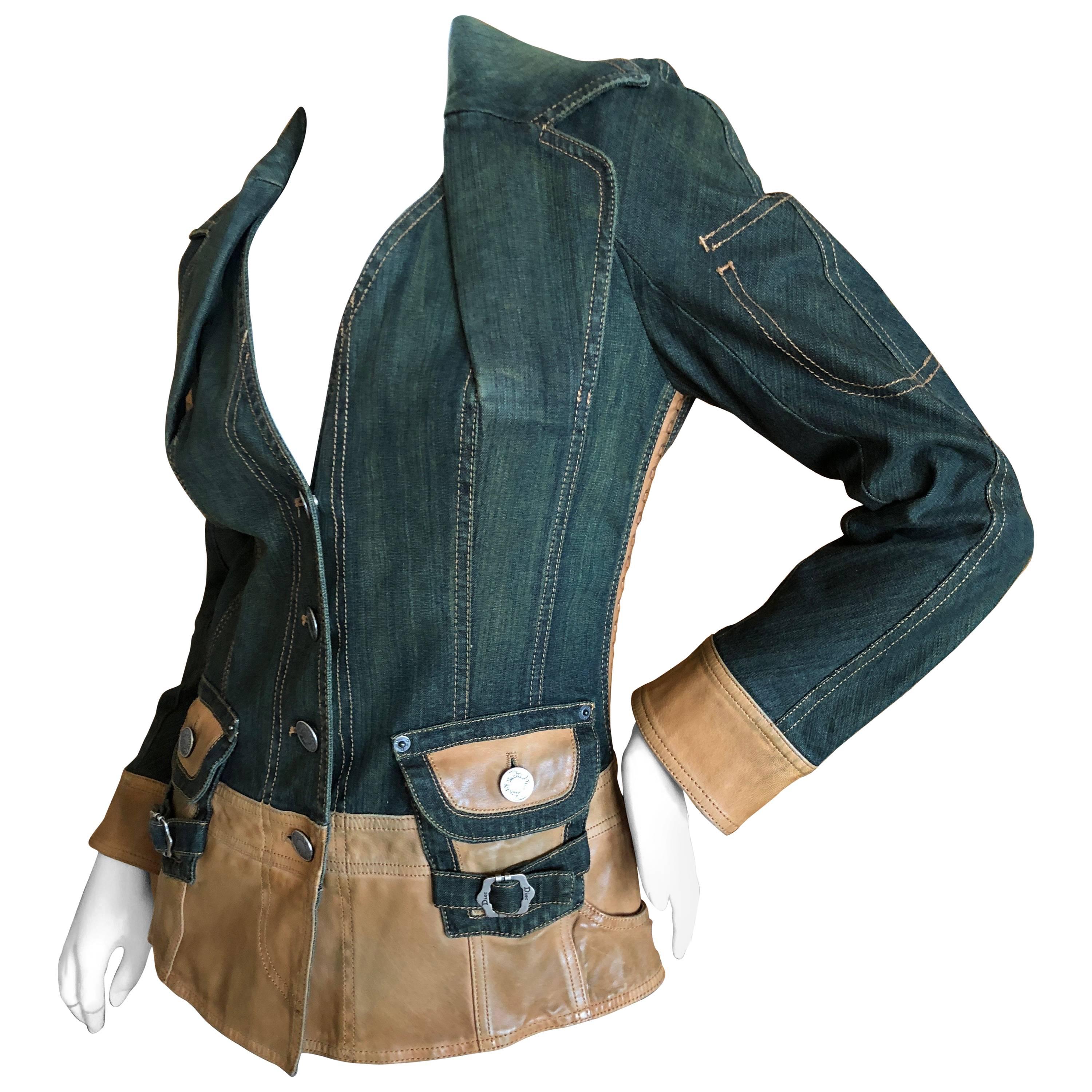 Christian Dior by John Galliano Vintage Leather Embellished Denim Bar Jacket For Sale