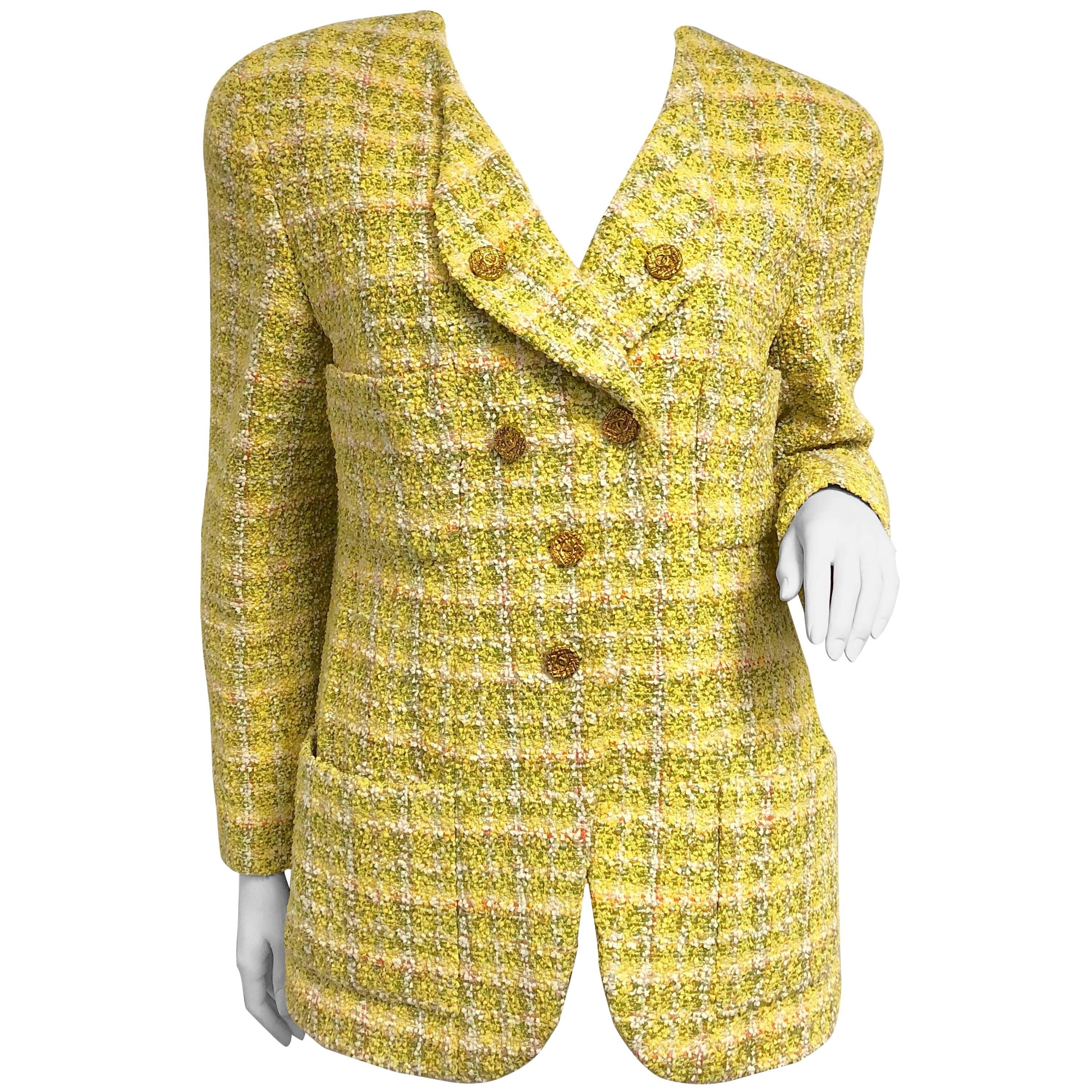 Chanel 94P Vintage Jacket Yellow Fantasy Tweed Gold CC Buttons  For Sale