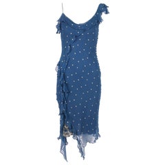 Christian Dior by John Galliano Blue Chiffon Gold Dots Bias Cut Cocktail Dress