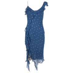 Christian Dior by John Galliano Blue Chiffon Gold Dots Bias Cut Cocktail Dress 