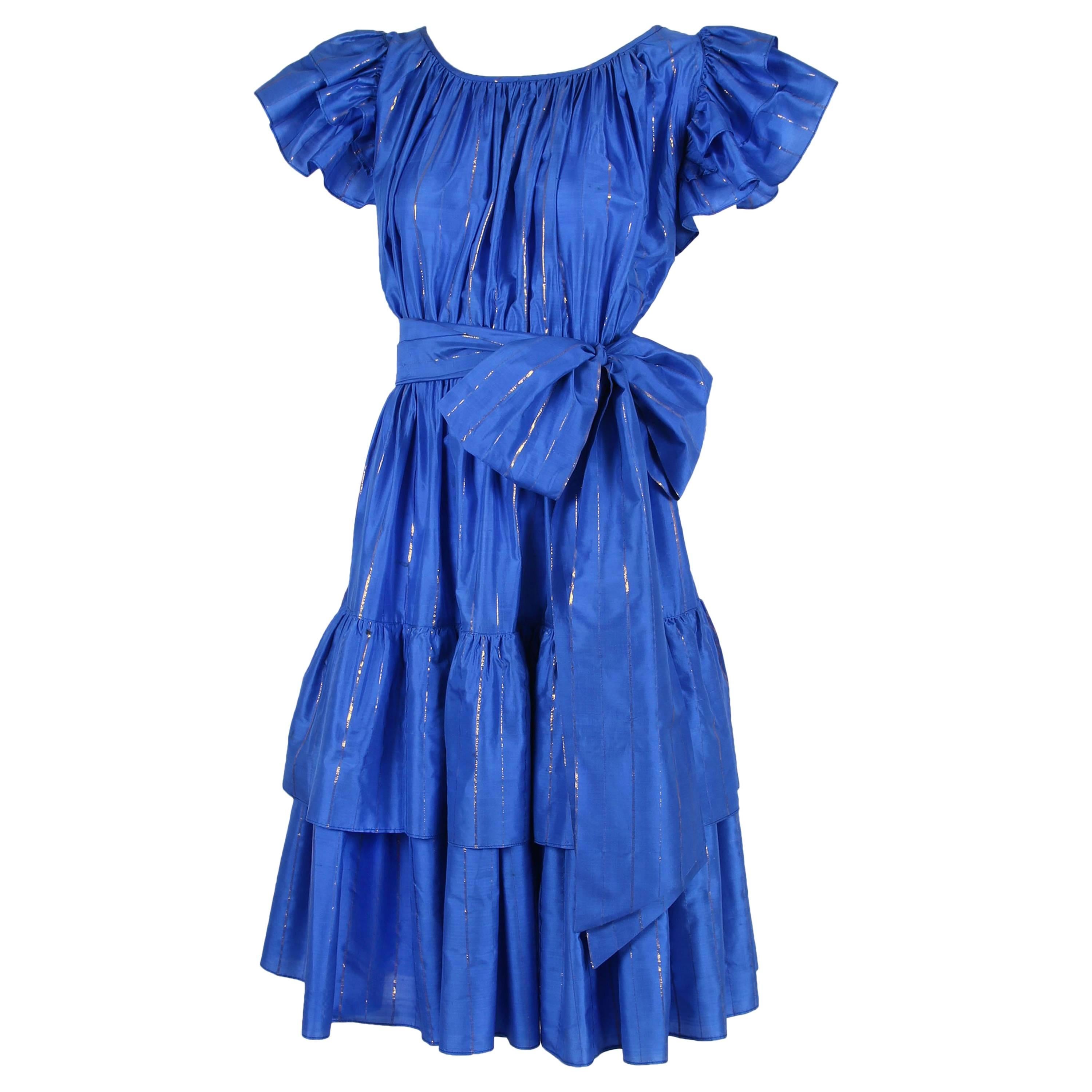 Yves Saint Laurent Blue Silk Tiered Skirt Metallic Stripes Ruffled Dress 