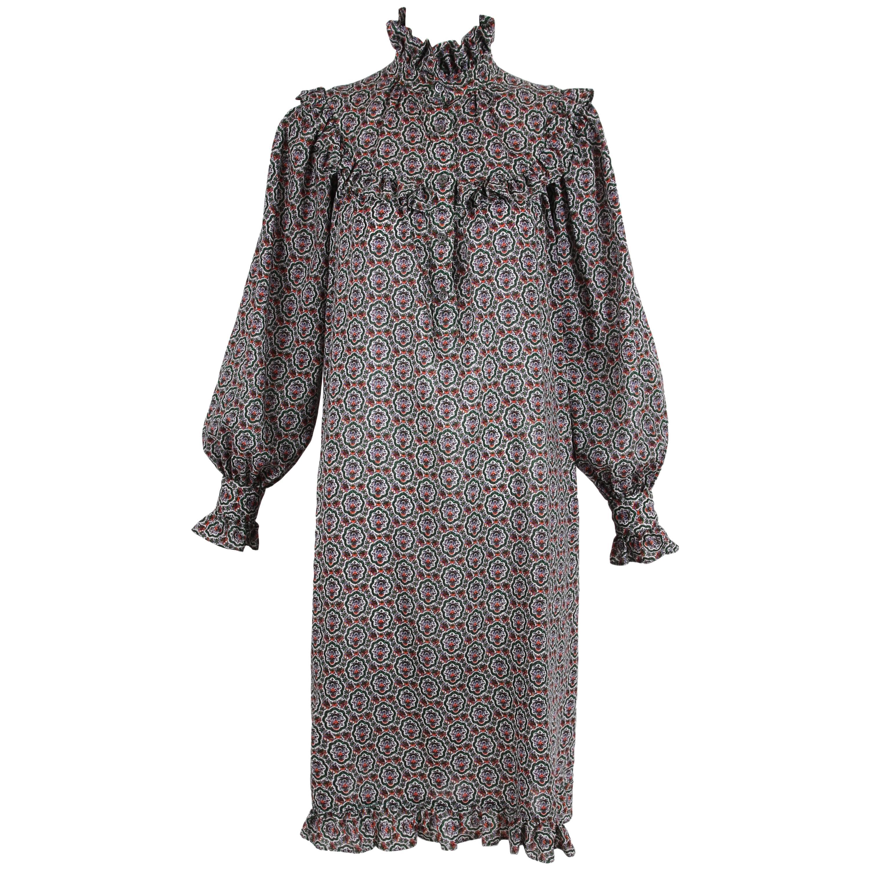 1970's Yves Saint Laurent YSL Printed Peasant Style Smock Dress w/Ruffle Trim