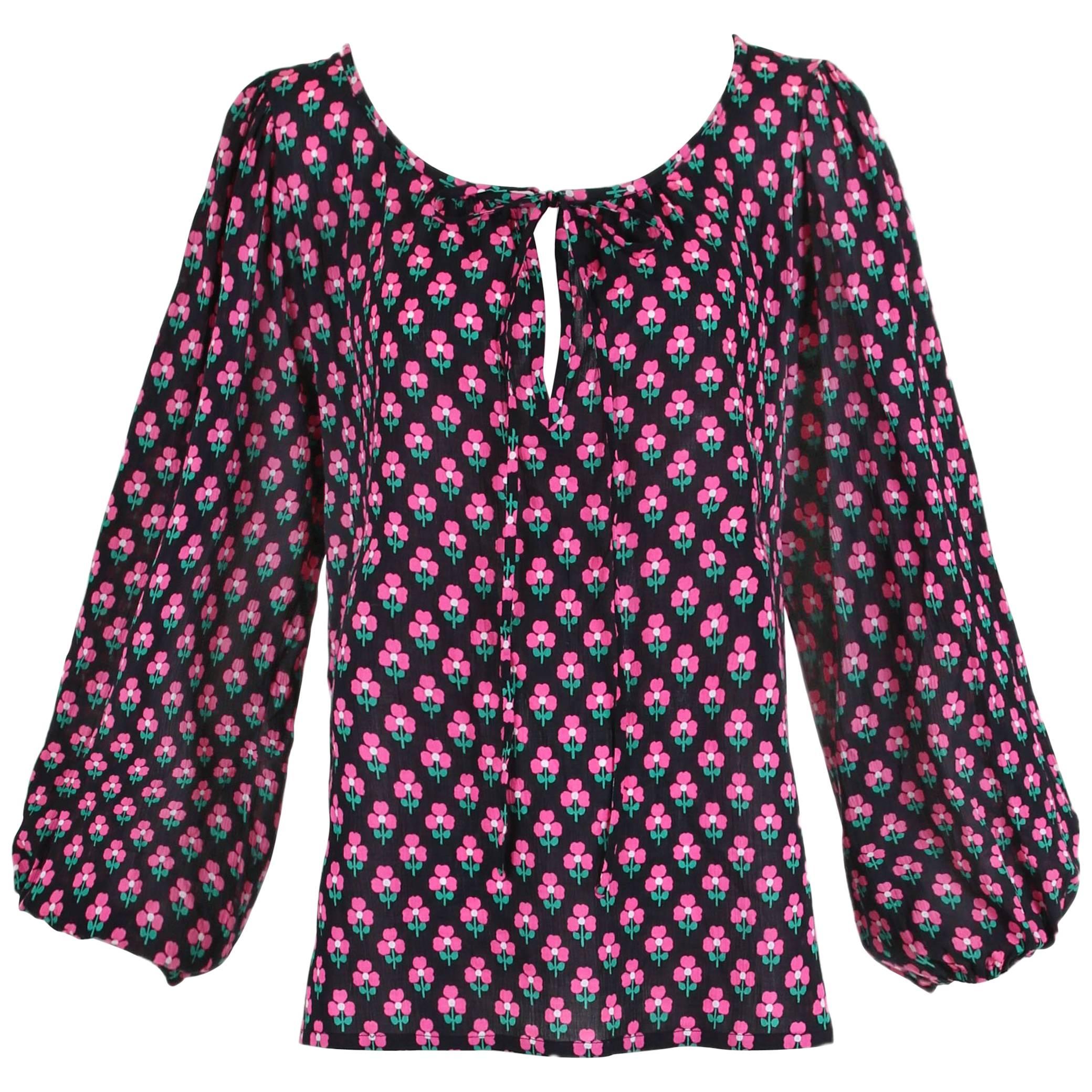 Yves Saint Laurent Pink / Black Clover Print Cotton Peasant Blouse w / Neck Ties