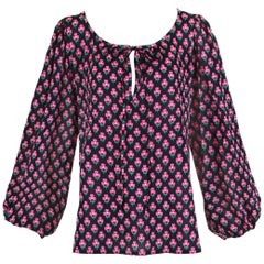 Vintage Yves Saint Laurent Pink / Black Clover Print Cotton Peasant Blouse w / Neck Ties