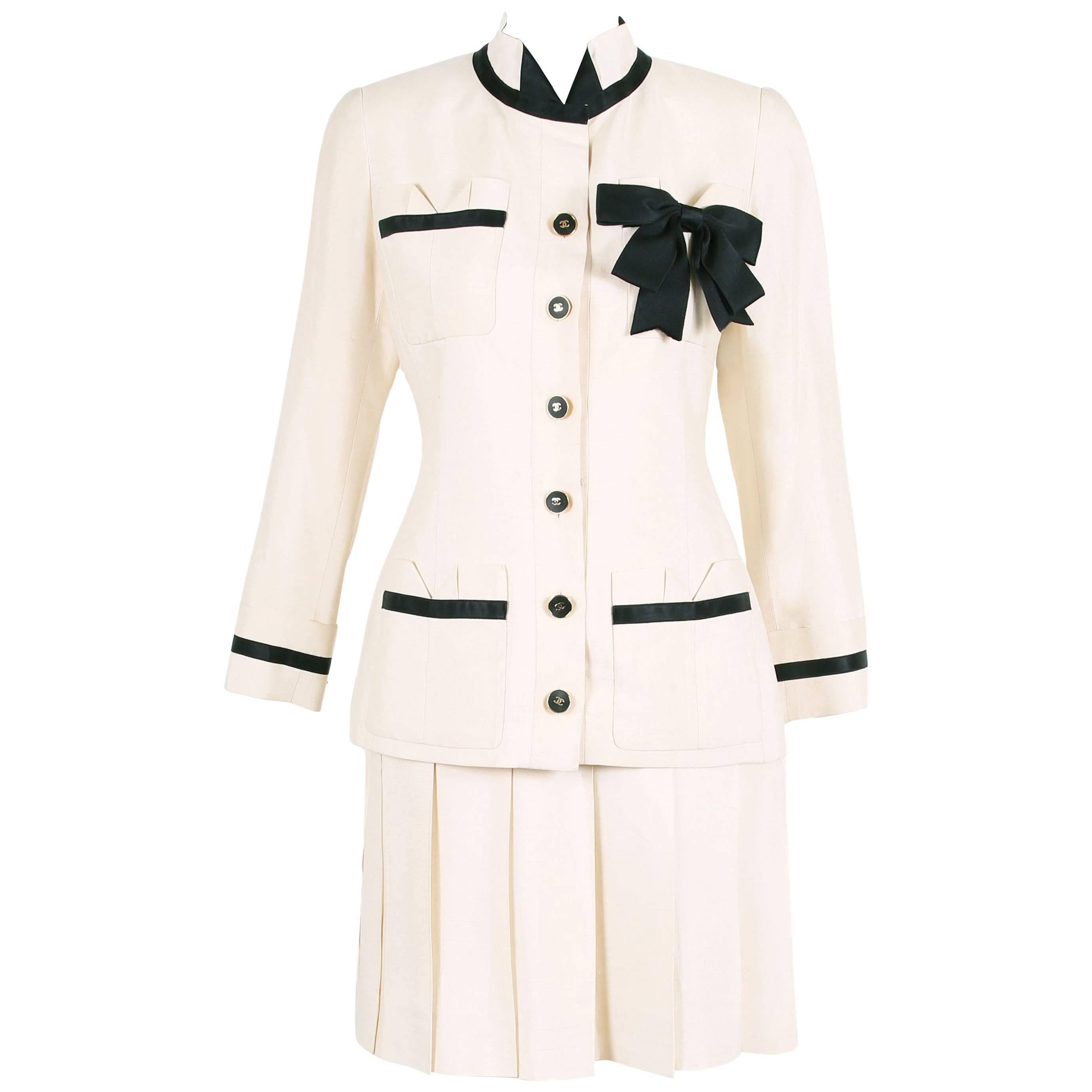 Vintage Chanel Silk Jacket and Skirt Ensemble w/Silk Bow Motif and CC Logo  Buttons at 1stDibs