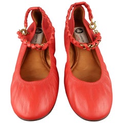 LANVIN Size 9 Red Leather Braided Chain Ankle Strap Flats