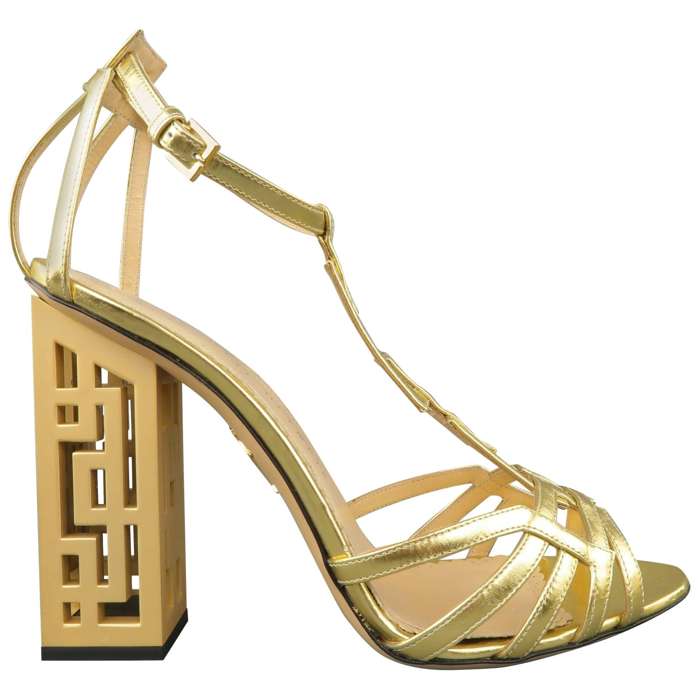 CHARLOTTE OLYMPIA Size 8.5 Metallic Gold Leather T-strap Cutout Heel Sandals