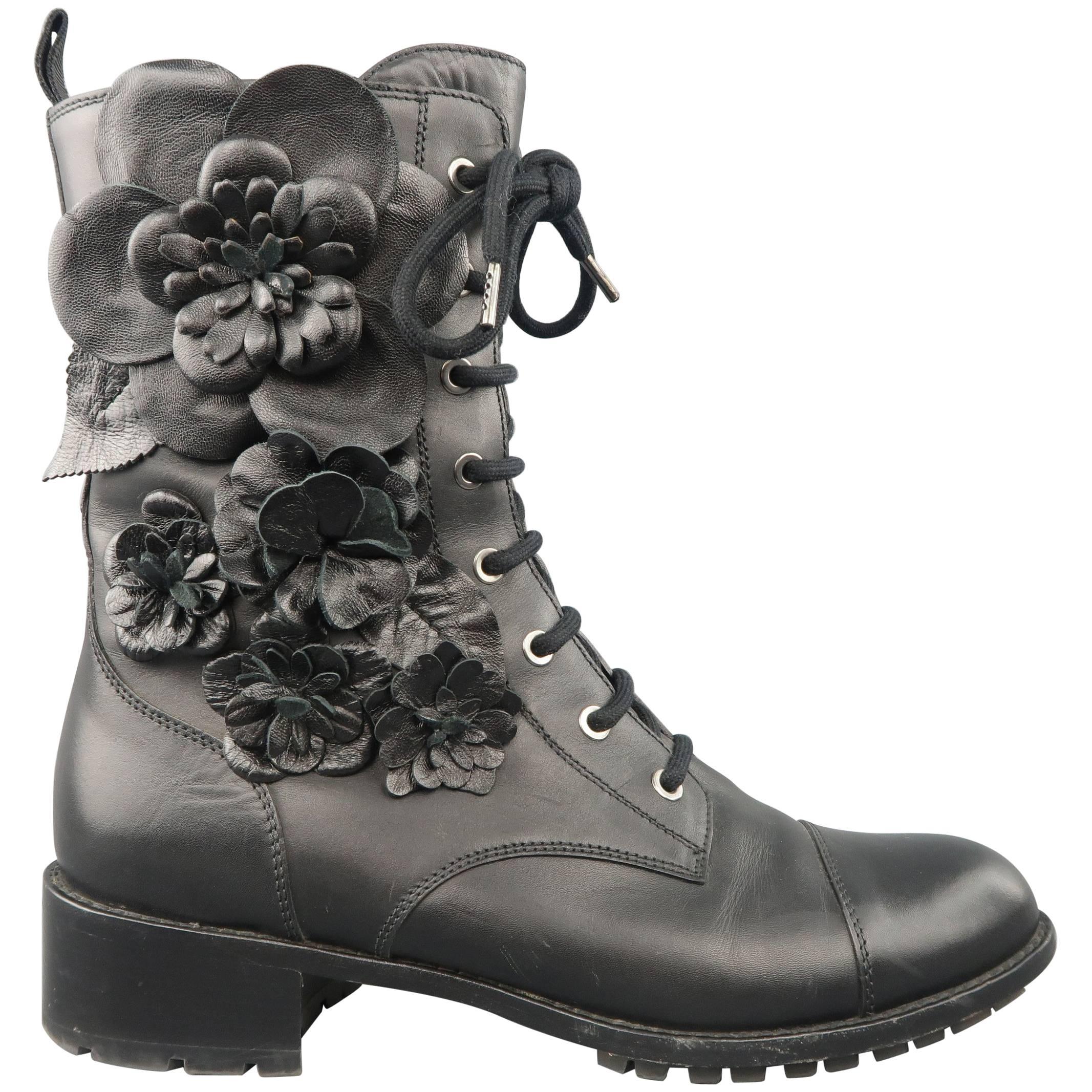 Valentino Black Leather Floral Applique Lace Up Combat Boots