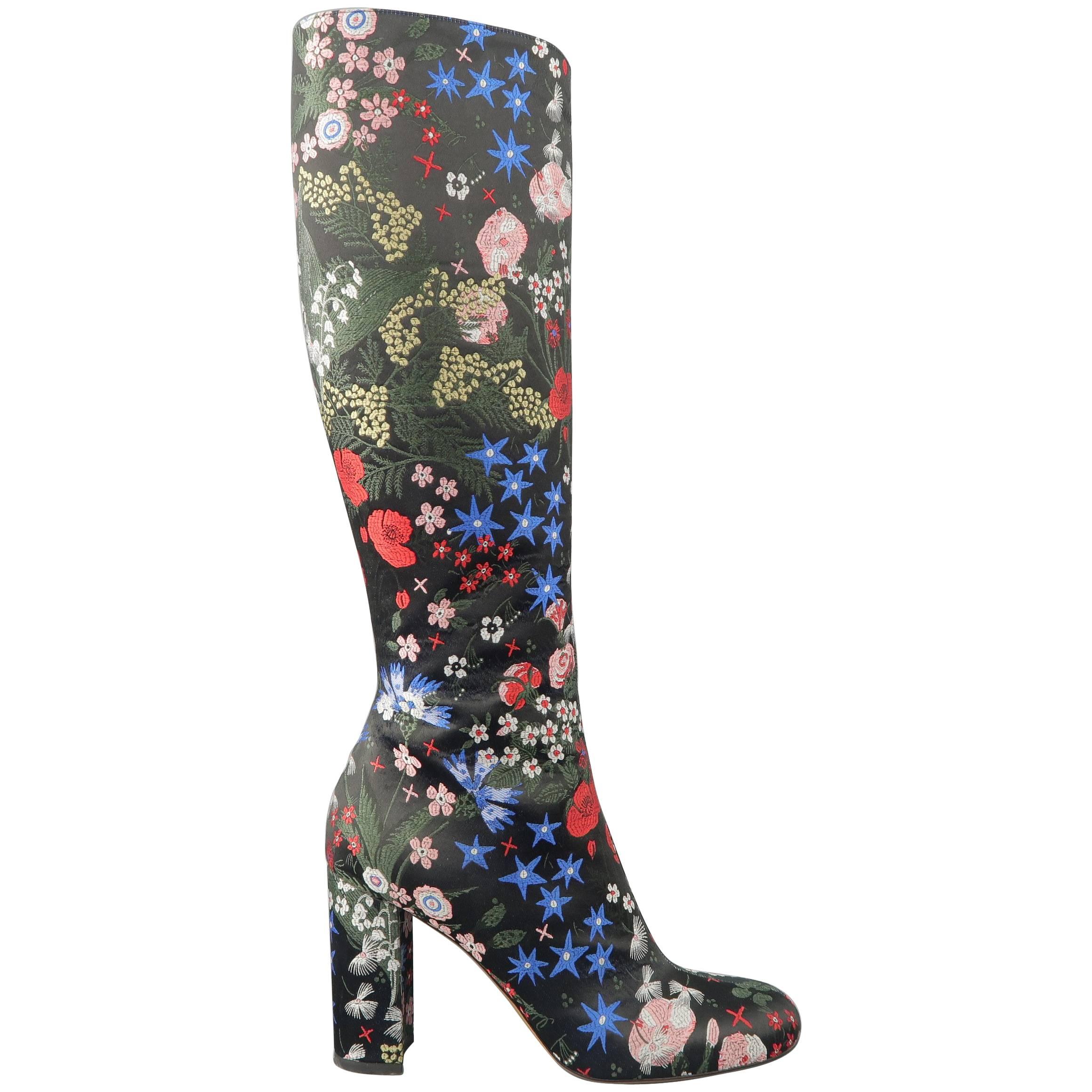 Valentino Boots - Pre-Fall 2015 Runway - Black MultiColor Floral Satin Knee High