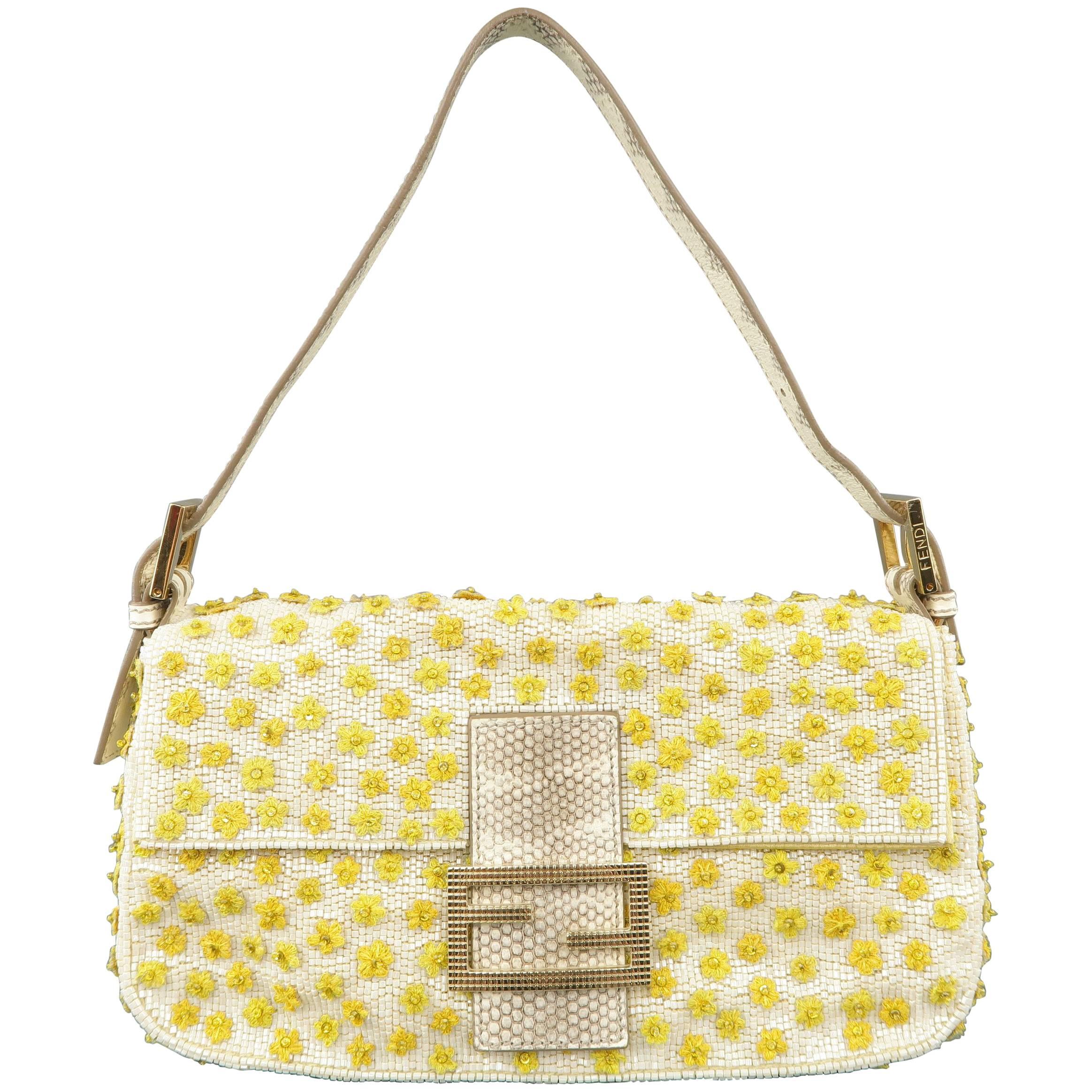 Fendi Handbag - Cream and Yellow Floral Beaded Snake Skin Baguette