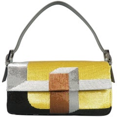 Fendi Gold Silver and Bronze Color Block Sequined Baguette Handbag