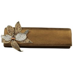 RODO Bronze Metallic Leather Rhinestone Flower Clutch Handbag