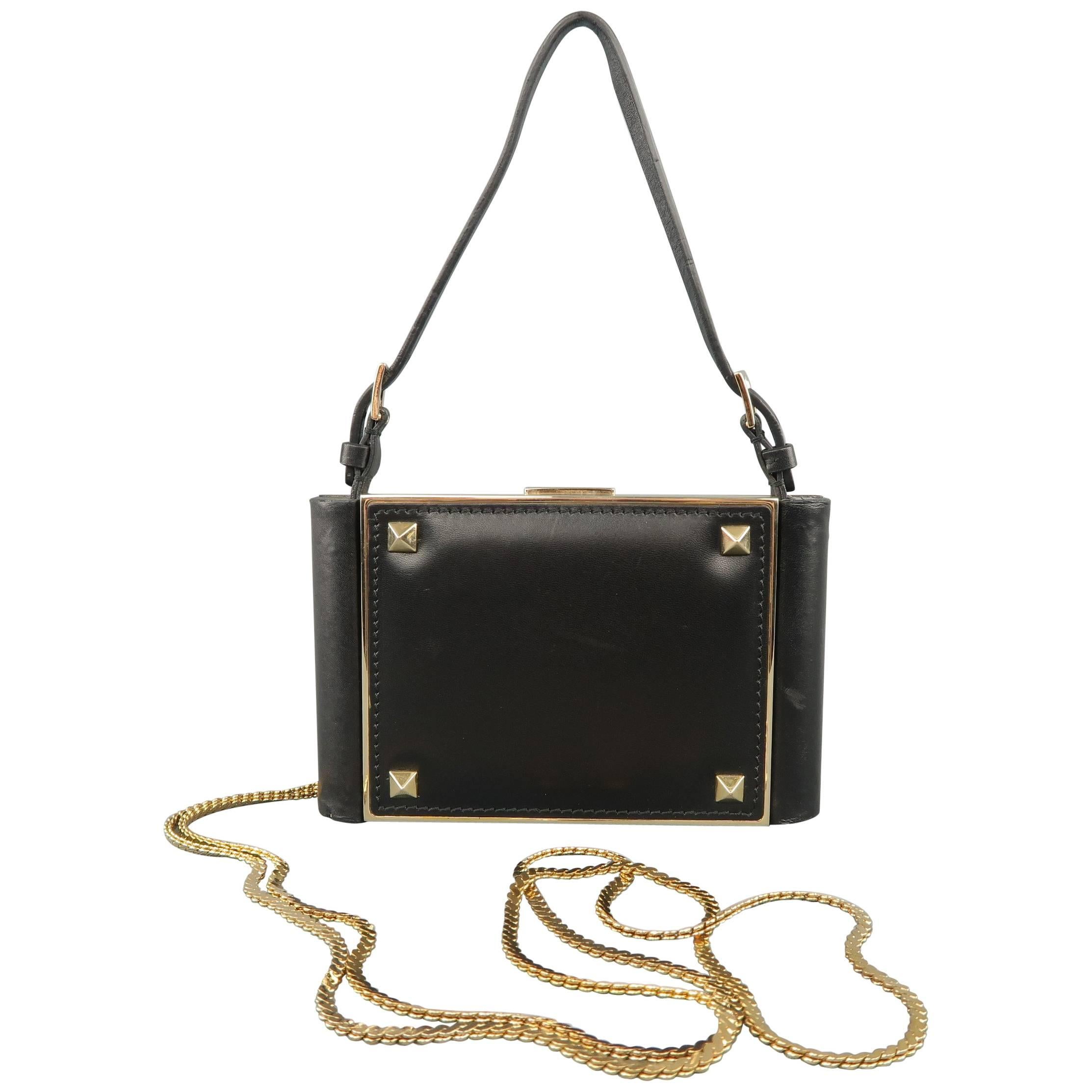 VALENTINO Black Leather Gold Studded Mini Chain Strap Evening Handbag