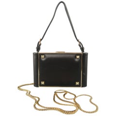 VALENTINO Black Leather Gold Studded Mini Chain Strap Evening Handbag