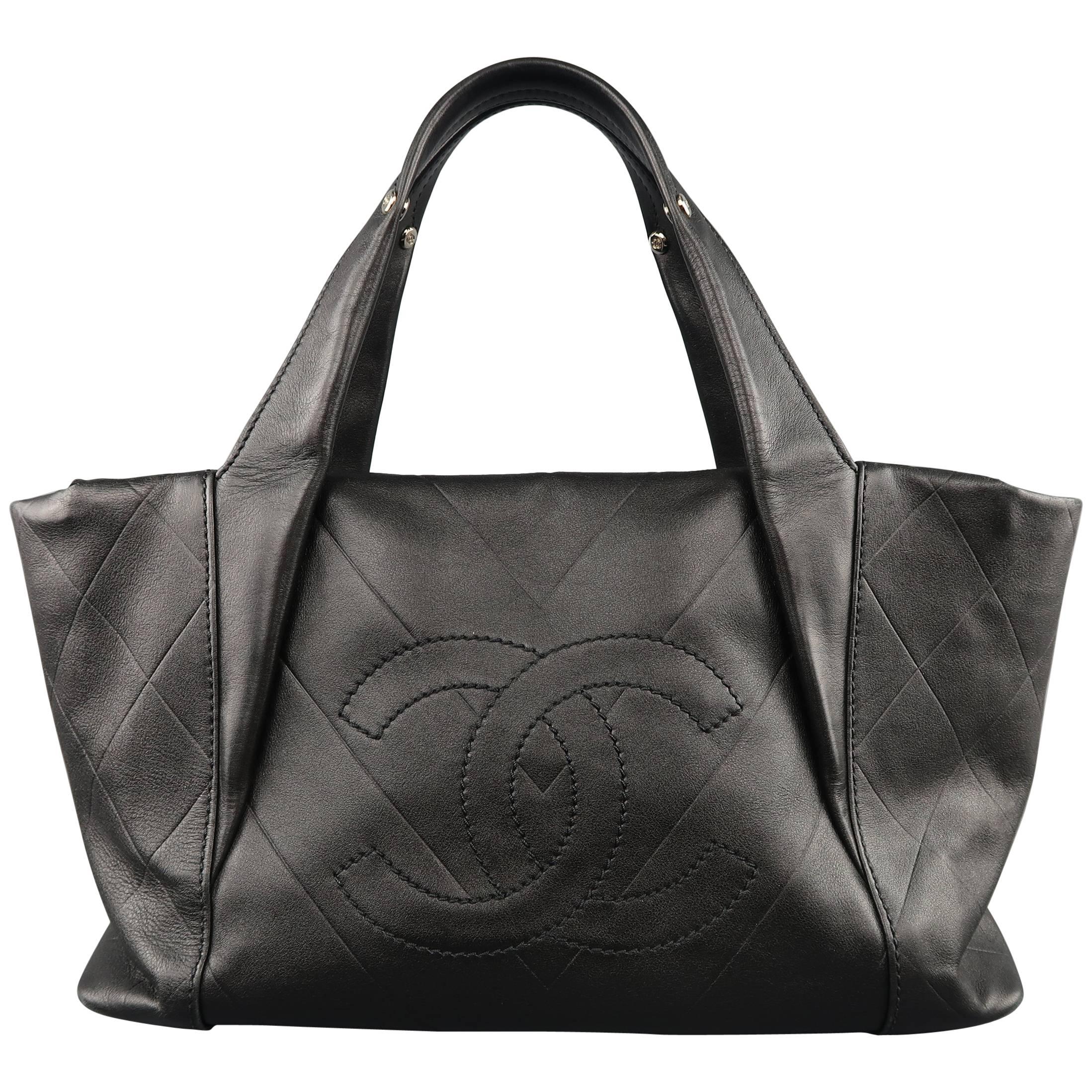 Chanel Black Chevron Embossed Leather CC Logo Mini Tote Handbag