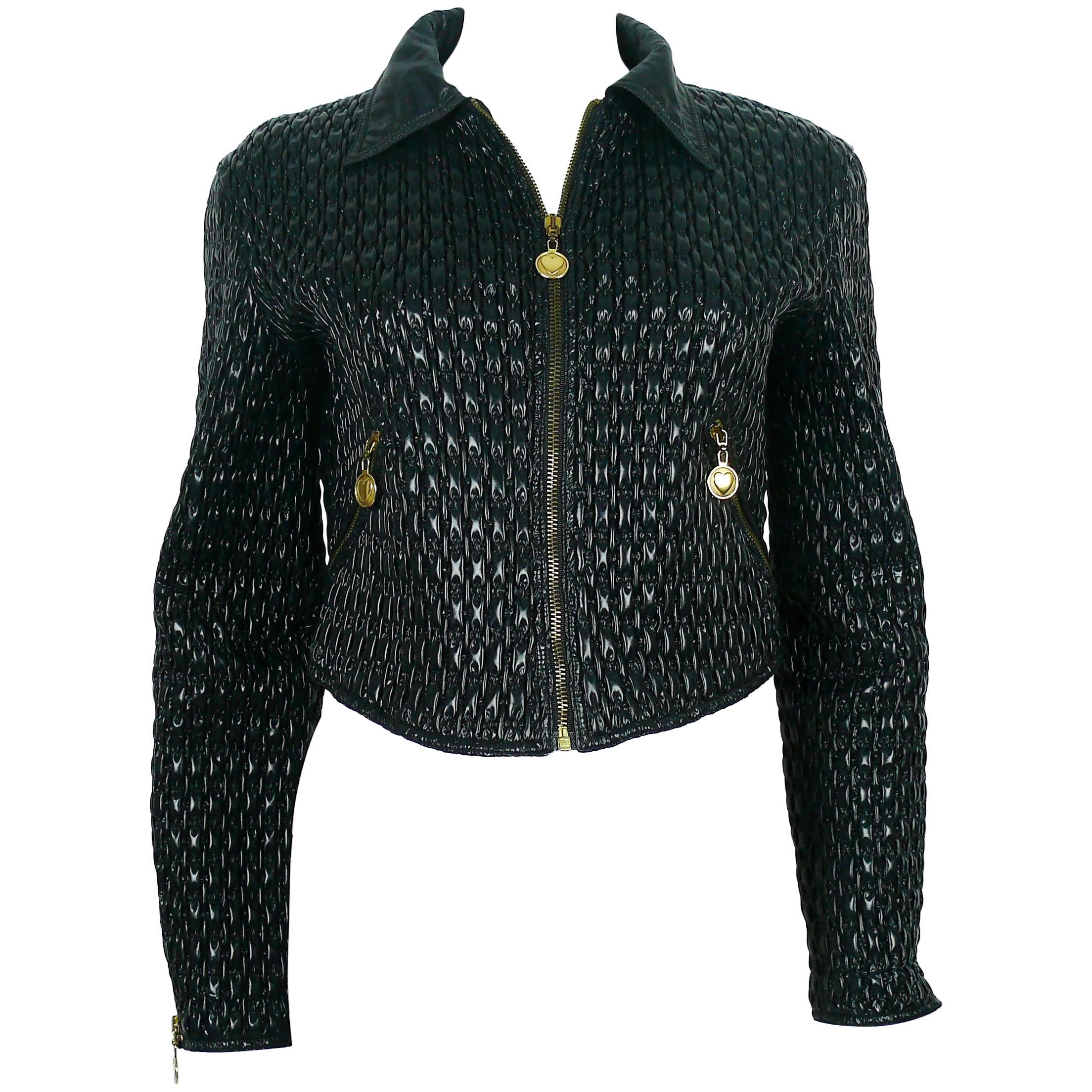 Moschino Vintage Black Chain Design Nylon Blend Padded Jacket 