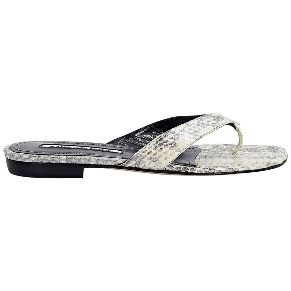 White Manolo Blahnik Snakeskin Thong Sandals