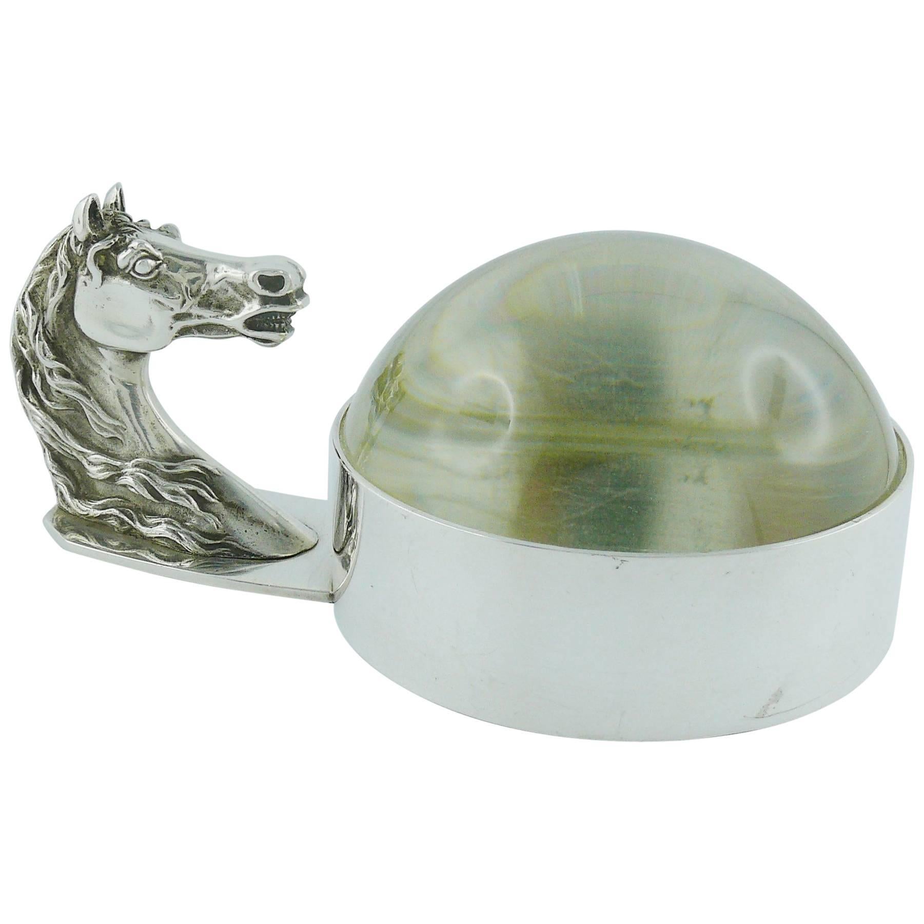 Hermes Vintage Equestrian Silver Plated Desk Paperweight Magnifier