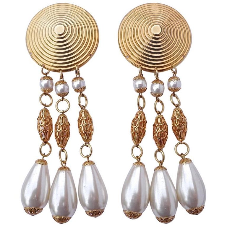 Large Gold Tone Faux Pearl Chandelier Vintage Clip On Statement Large Gold Tone Faux Pearl Chandelier Vintage Clip On Statement Earrings For