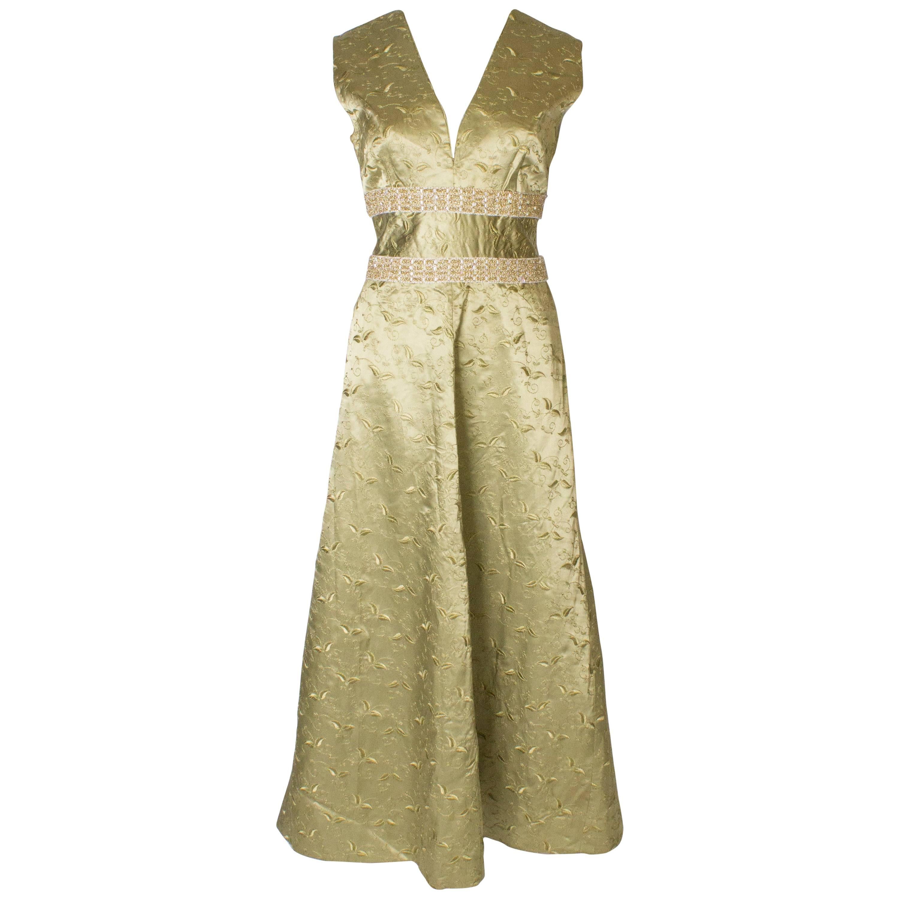A Vintage 1960s Sage Green embroidered evening Gown For Sale at 1stDibs